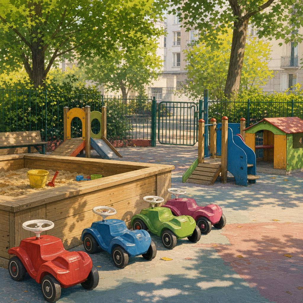 Eingezäunter Kleinkindspielplatz in Mainz mit Bobbycars und Sandspielzeug