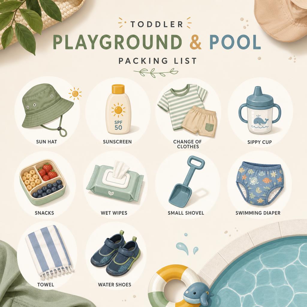 Spielplatz-Packliste für Kleinkinder: Sonnenhut, Sonnencreme, Trinkflasche und Sandspielzeug